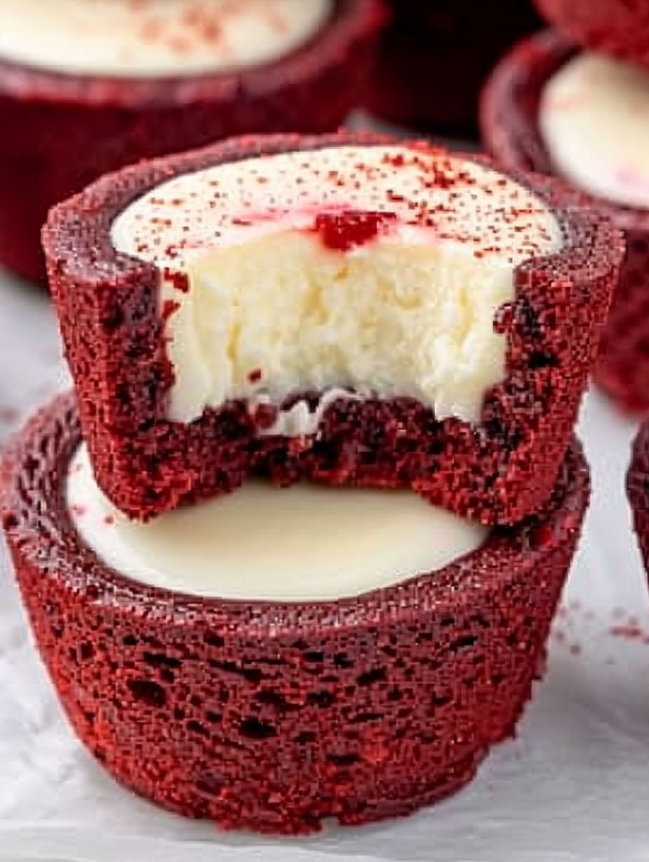 A red velvet cheesecake bite with white cream.