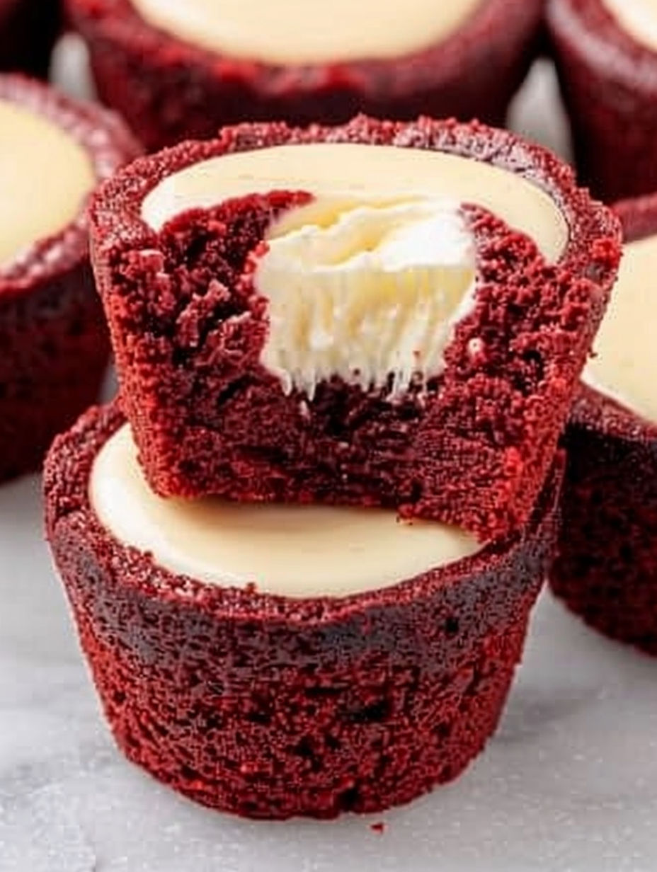 Red velvet cheesecake bites with white cream.