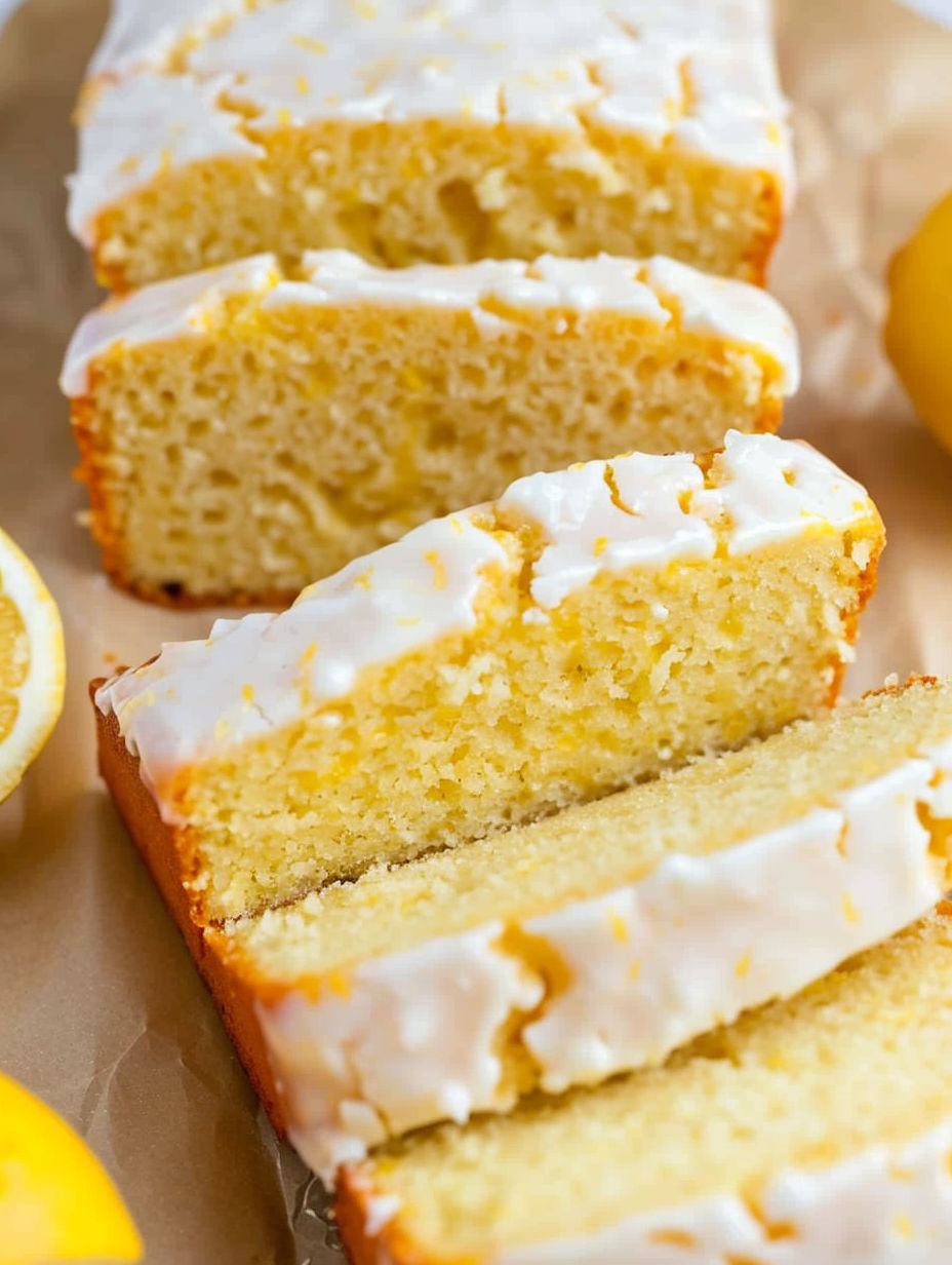 A slice of lemon bread with white icing.