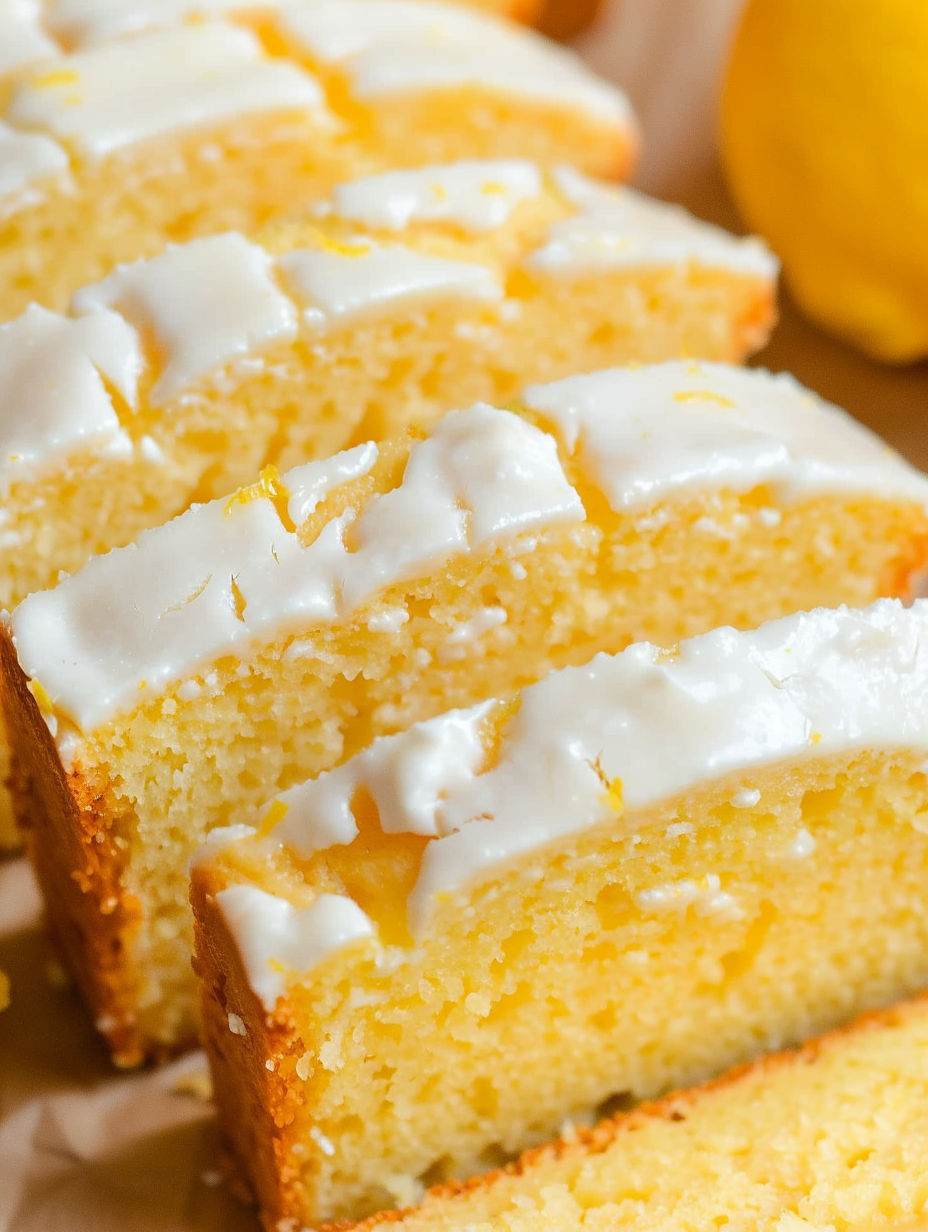 A slice of lemon bread with white frosting.