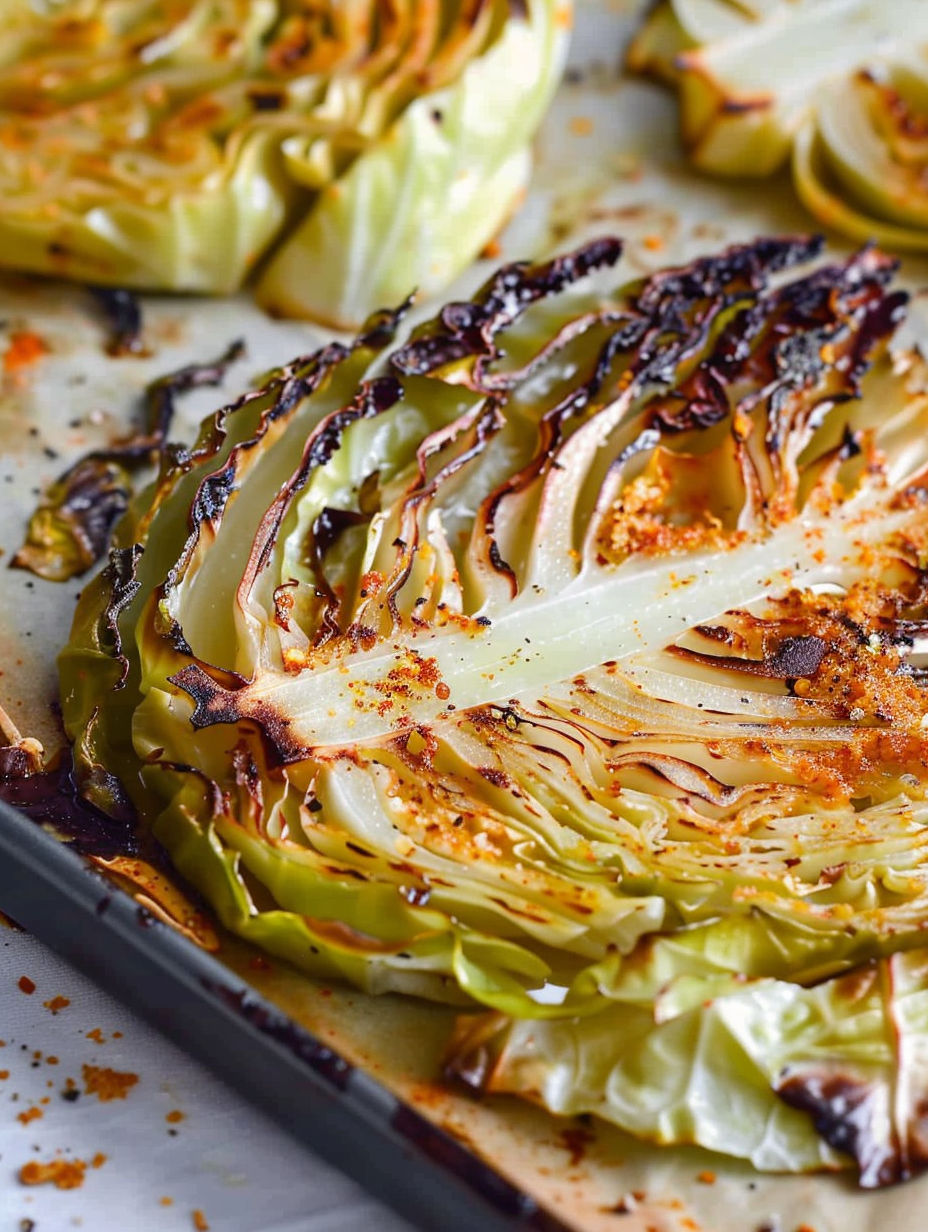 Cabbage steaks on a pan.