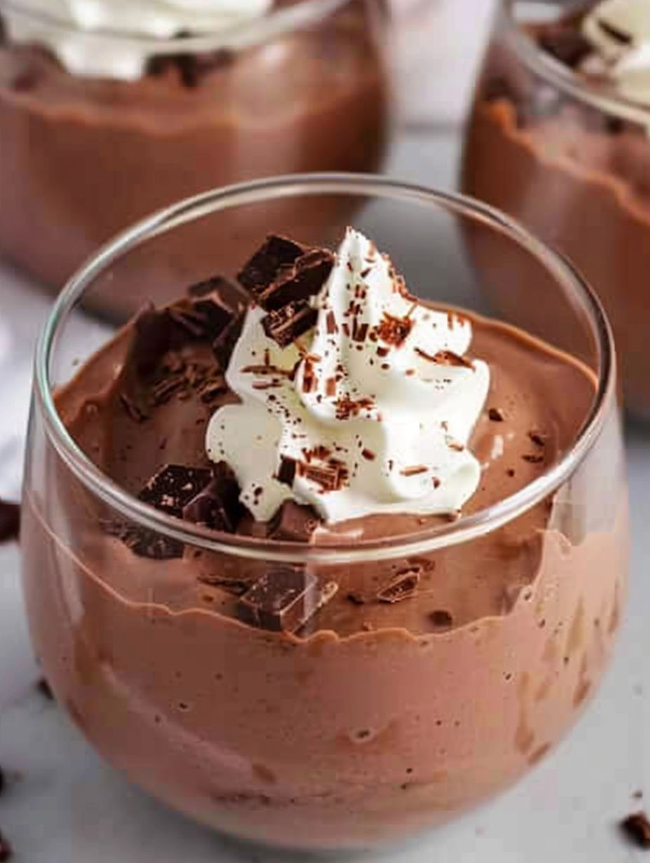 A glass of mousse au chocolat with whipped cream on top.