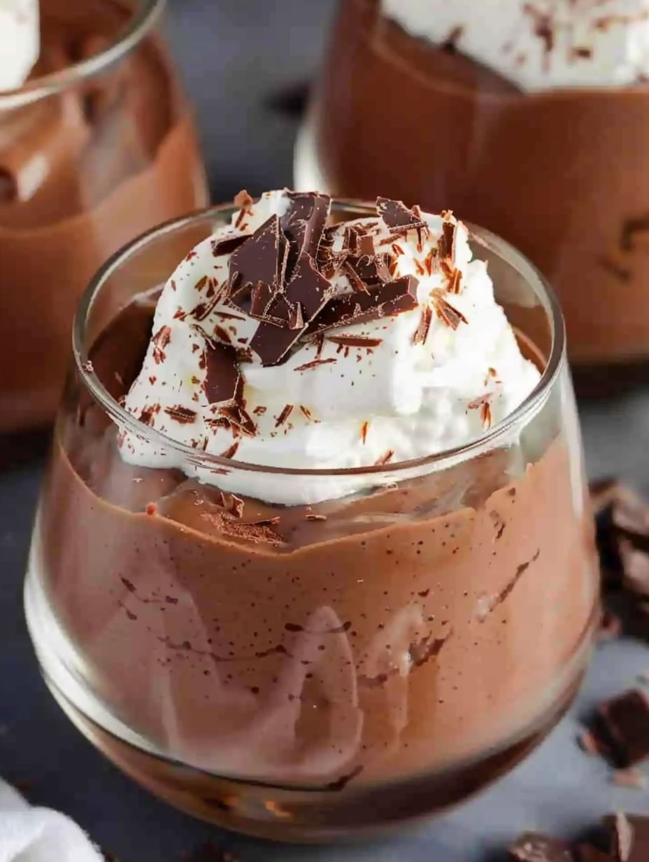 A glass of mousse au chocolat with white whipped cream on top.