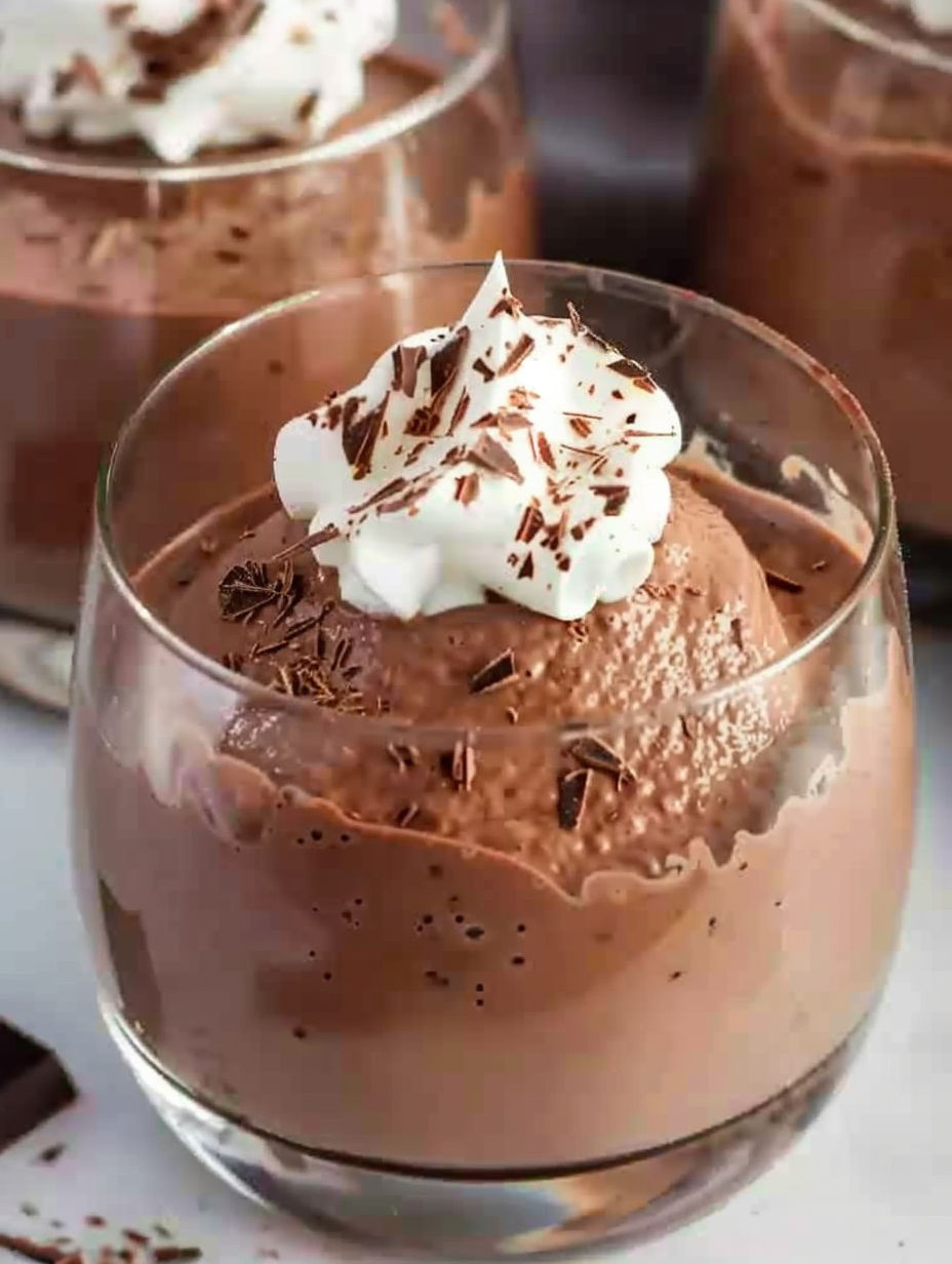 A glass of mousse au chocolat with whipped cream on top.