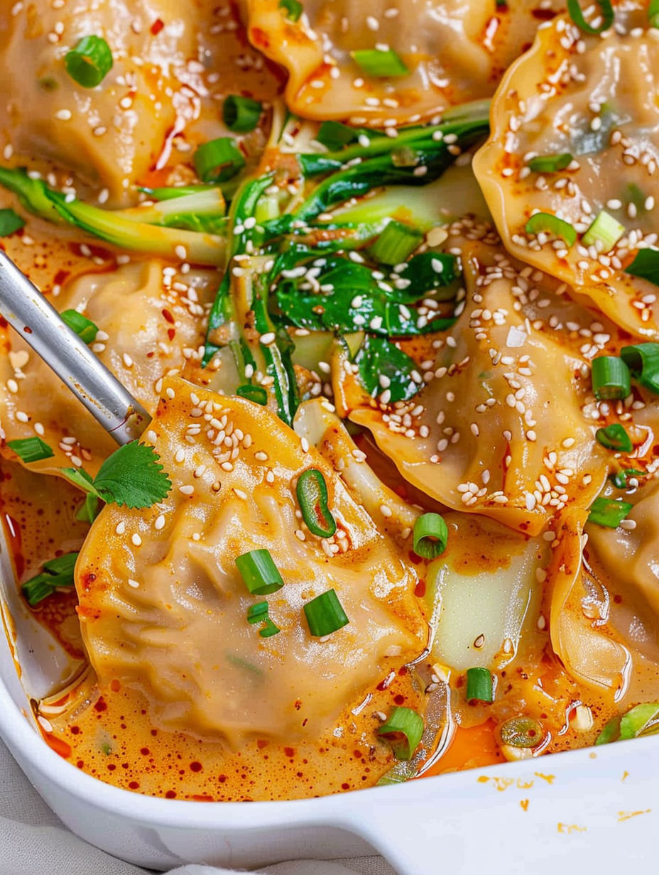 A dish of dumplings with a spoon in it.