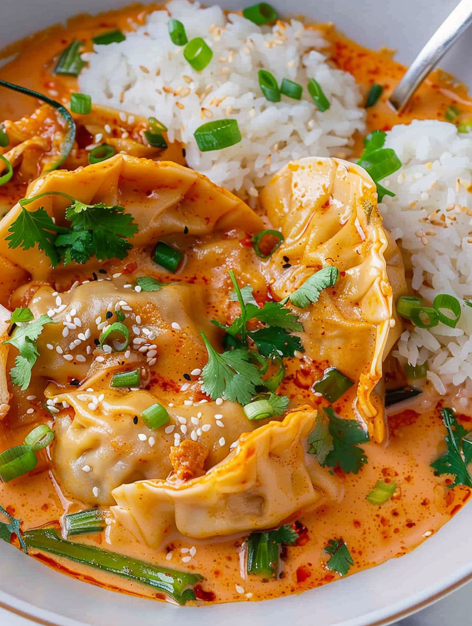 A plate of food with dumplings and rice.