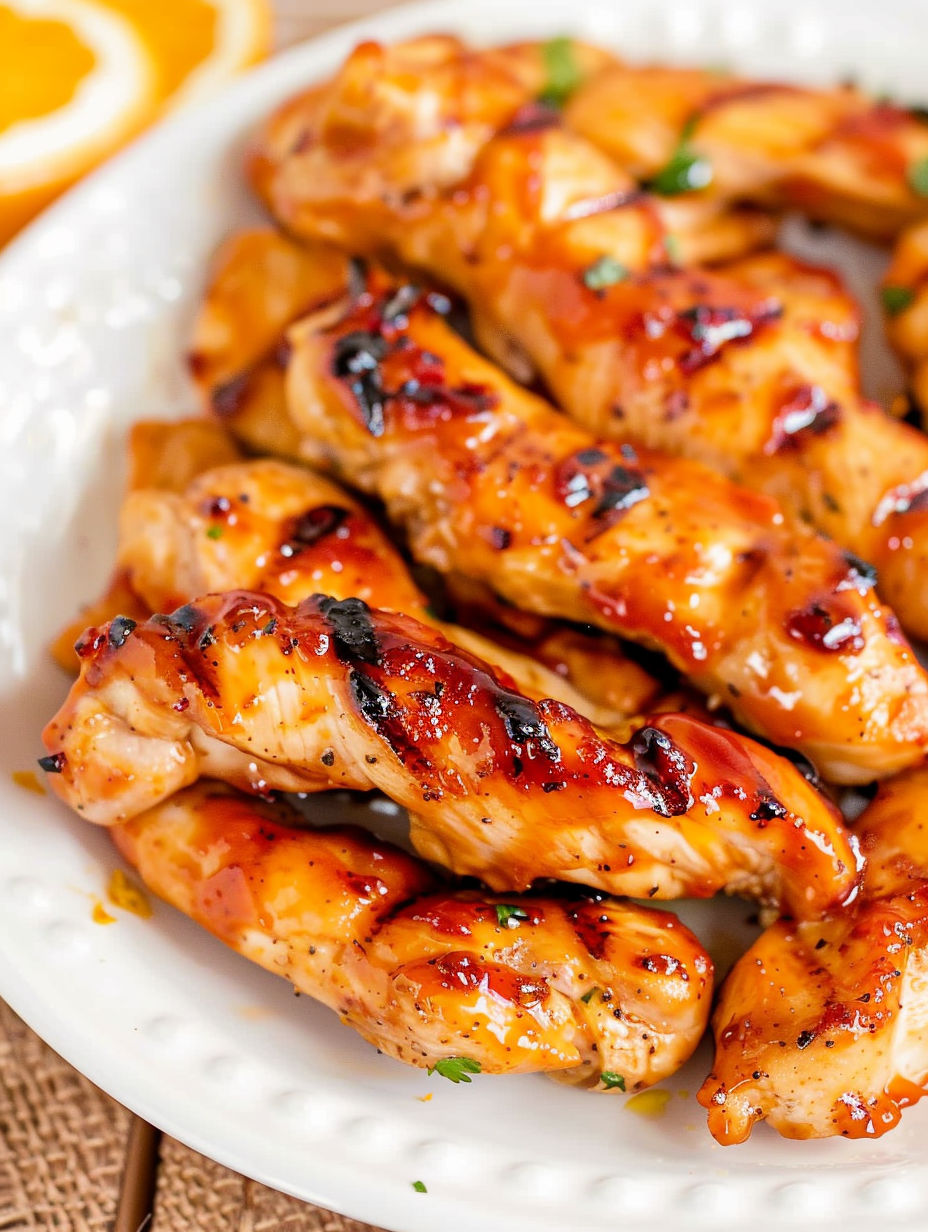 A plate of grilled chicken with orange chili sauce.