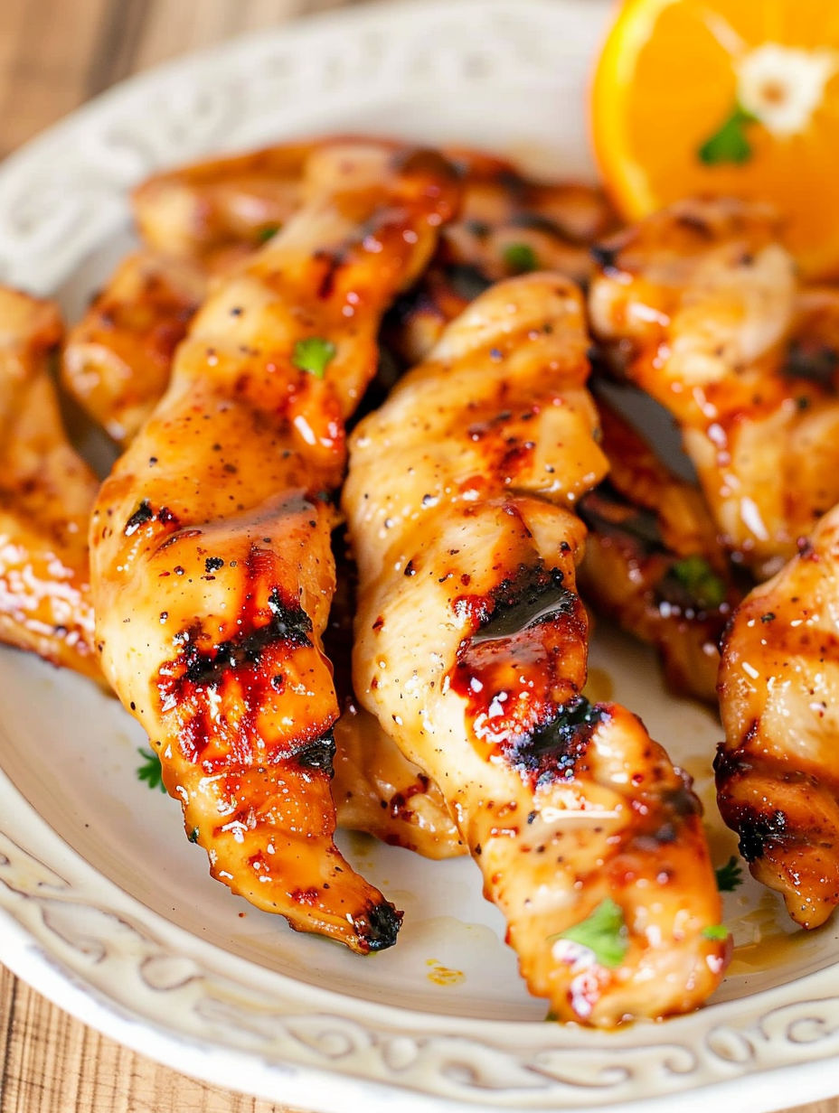 A plate of grilled chicken with orange chili.