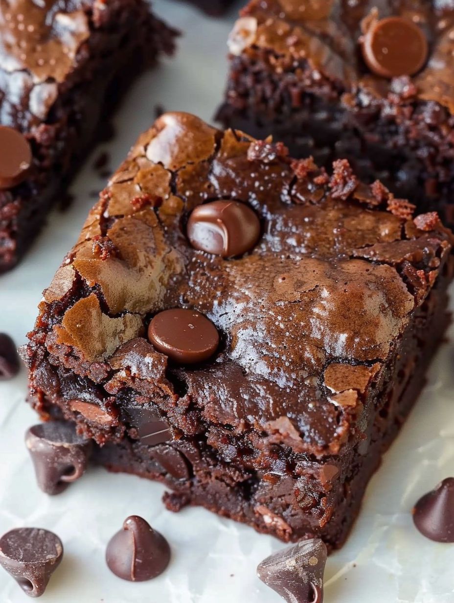 A close up of a chocolate brownie with chocolate chips.