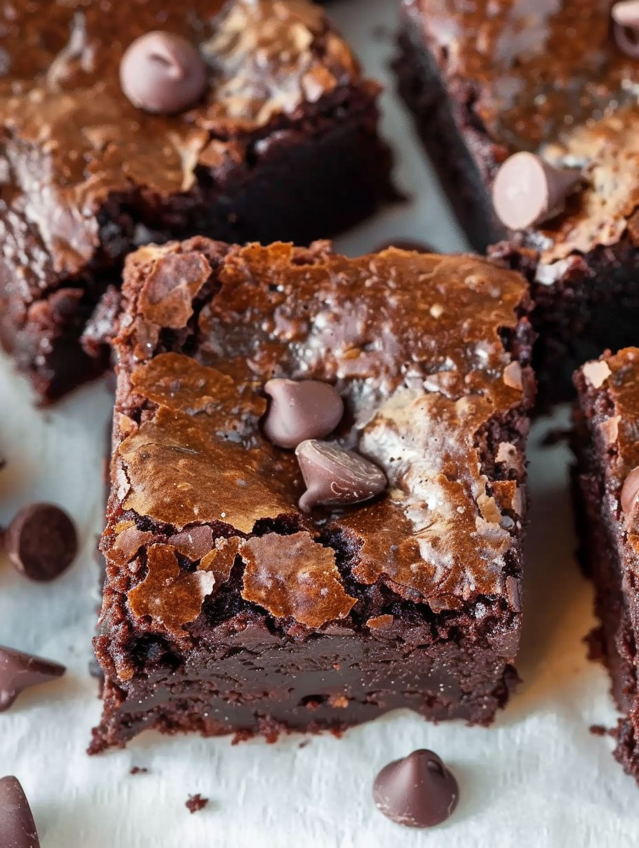 A close up of a chocolate brownie with chocolate chips.