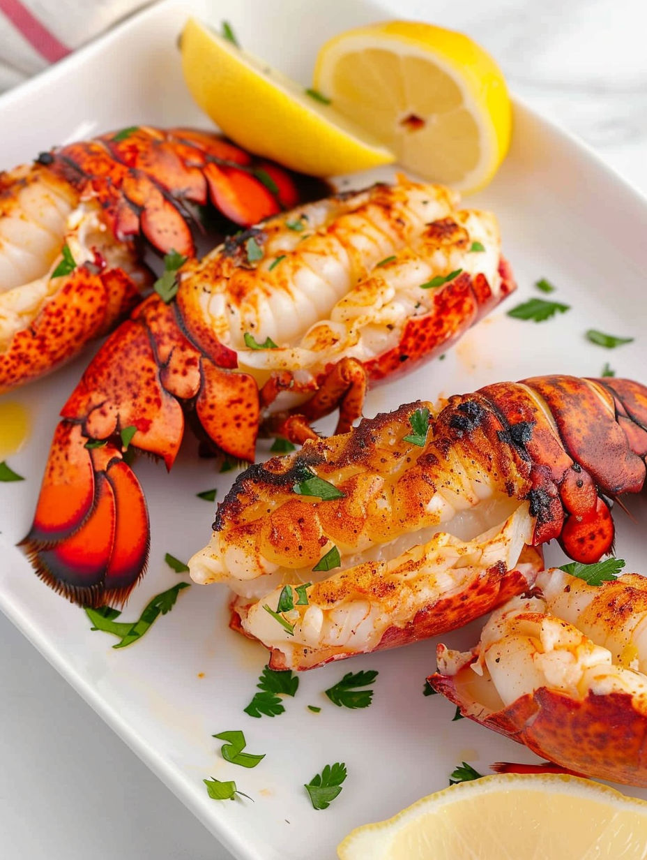 A plate of cooked lobster with lemon wedges.