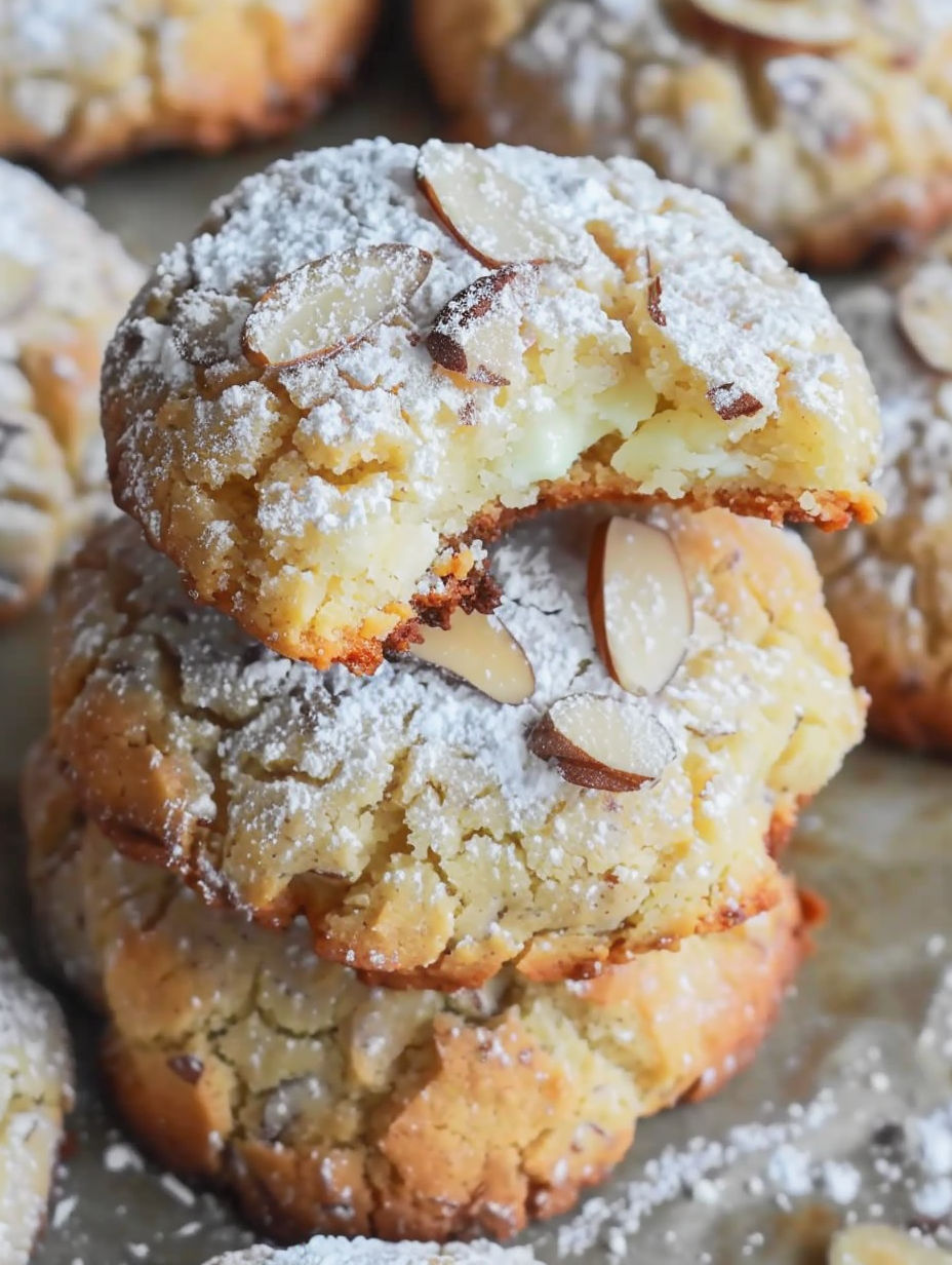 A close up of a cookie with almonds on top.