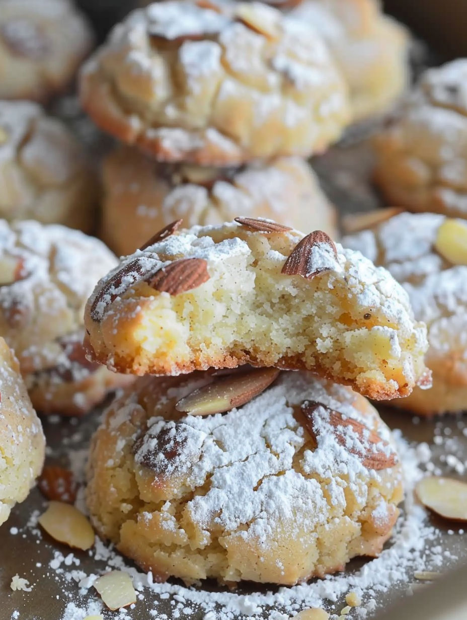 A pile of cookies with almonds on top.