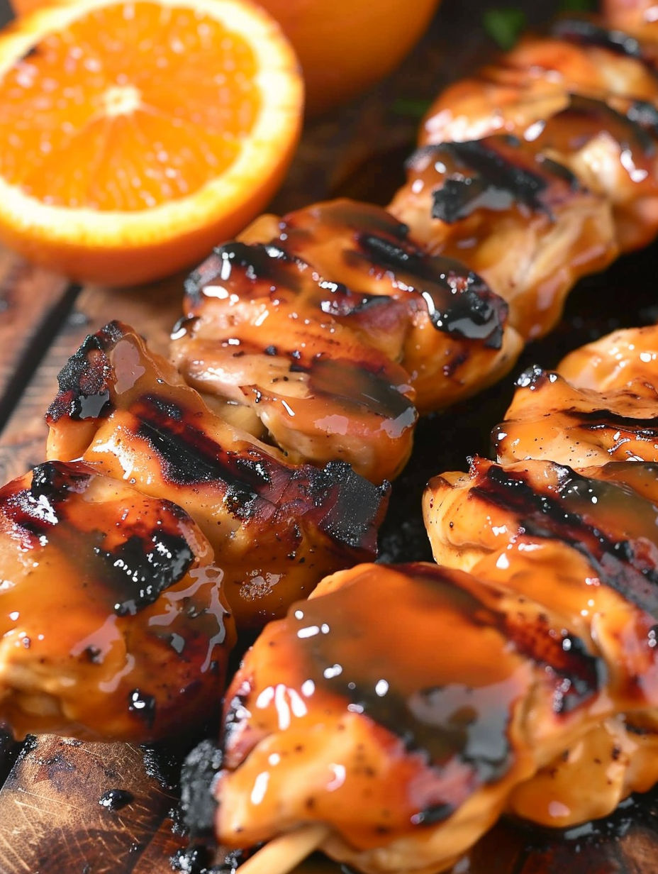 Sticky Orange Chicken Kebabs with a slice of orange.
