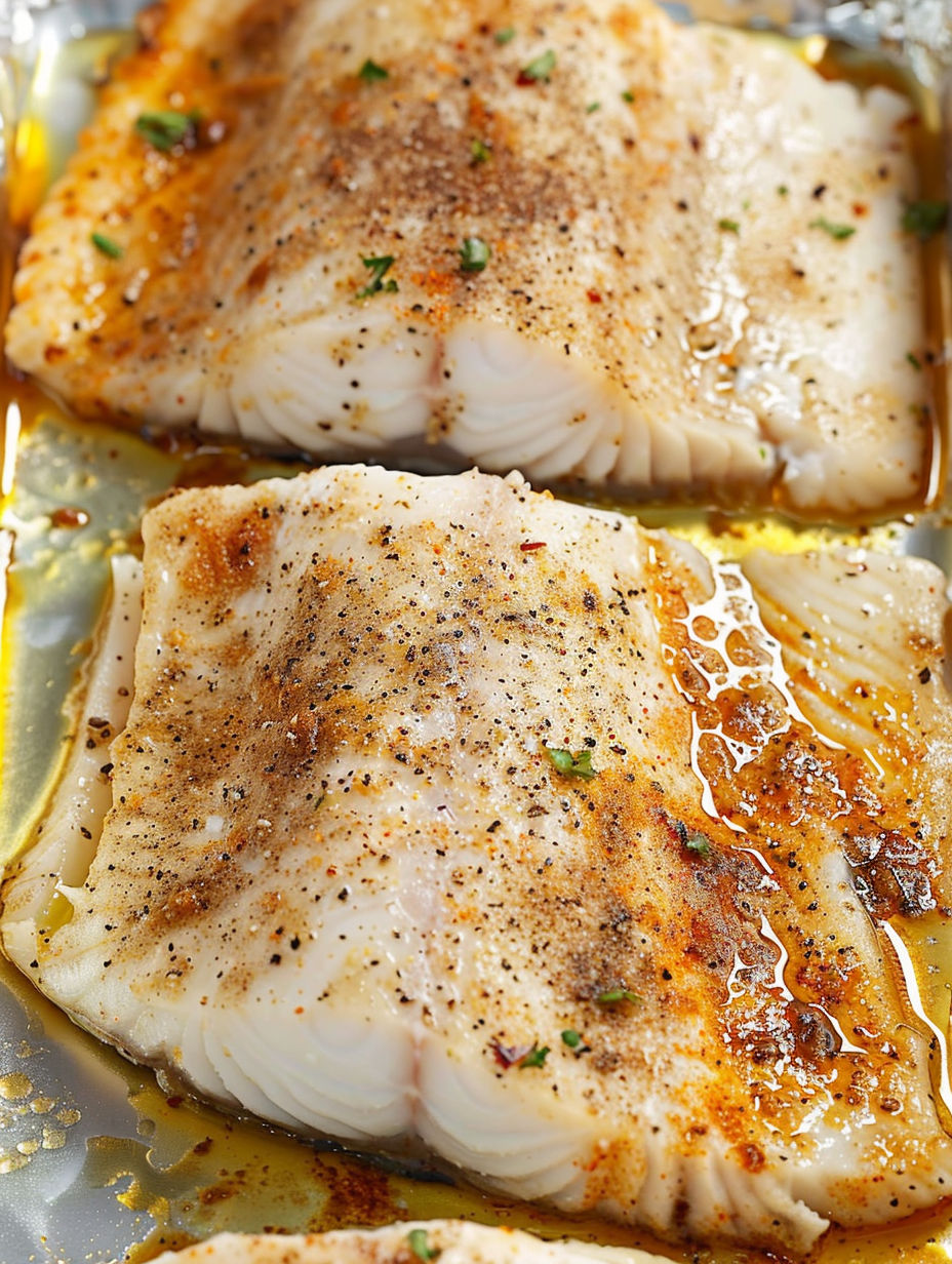 Two pieces of fish on a baking sheet.