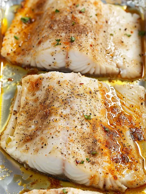 Two pieces of fish on a baking sheet.