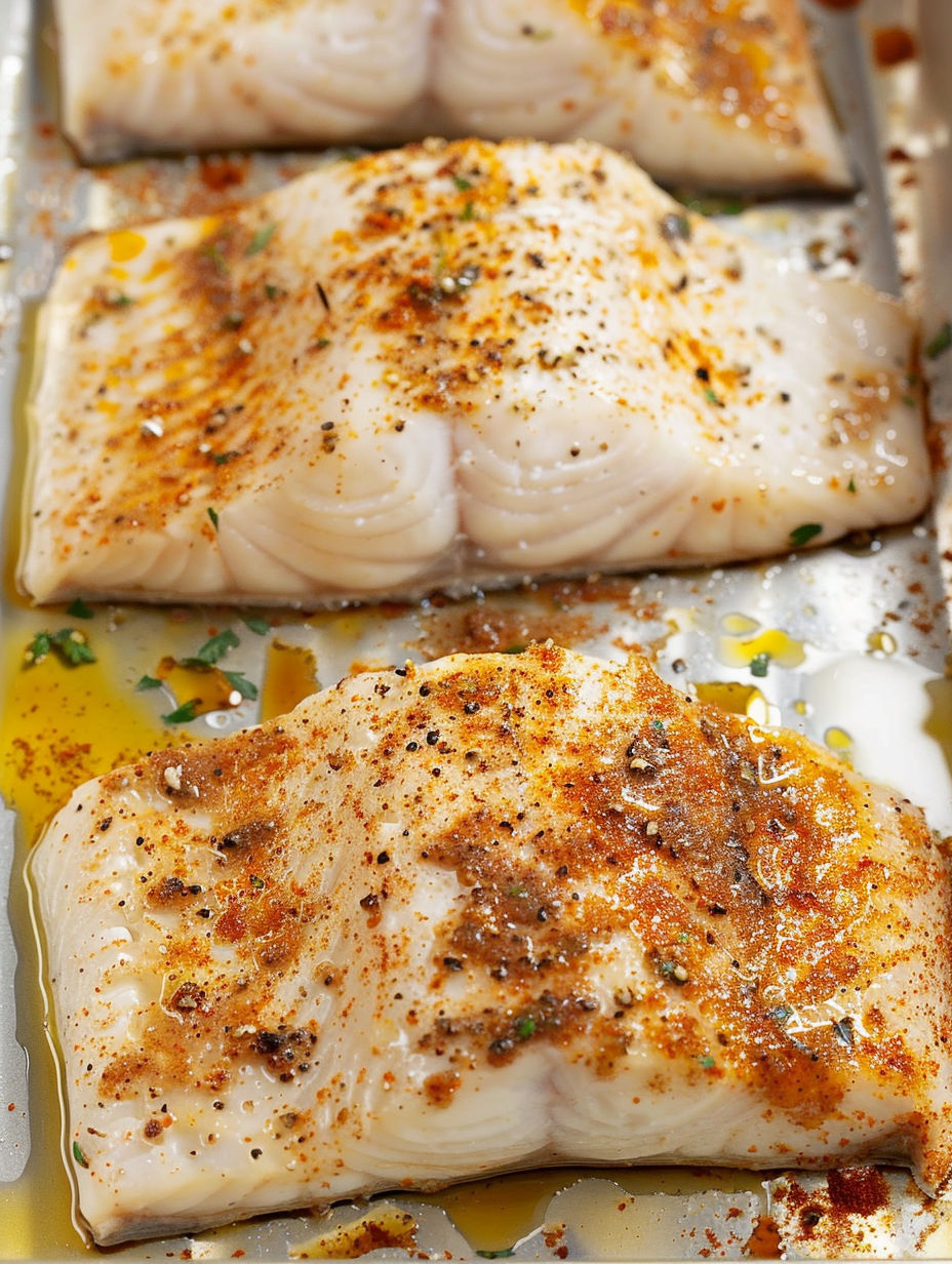 A piece of fish on a pan with seasoning.