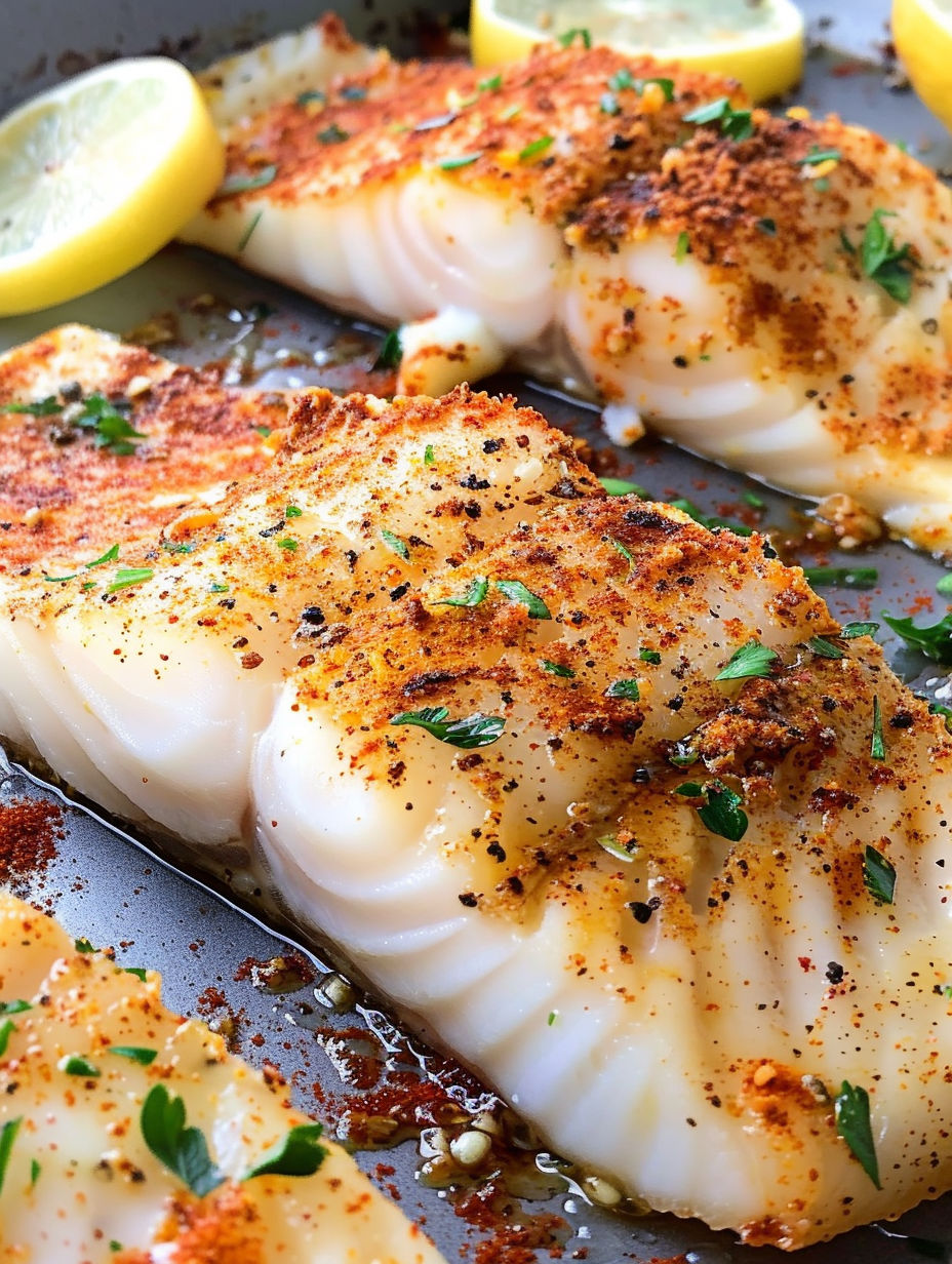 A piece of fish with a lemon on top.