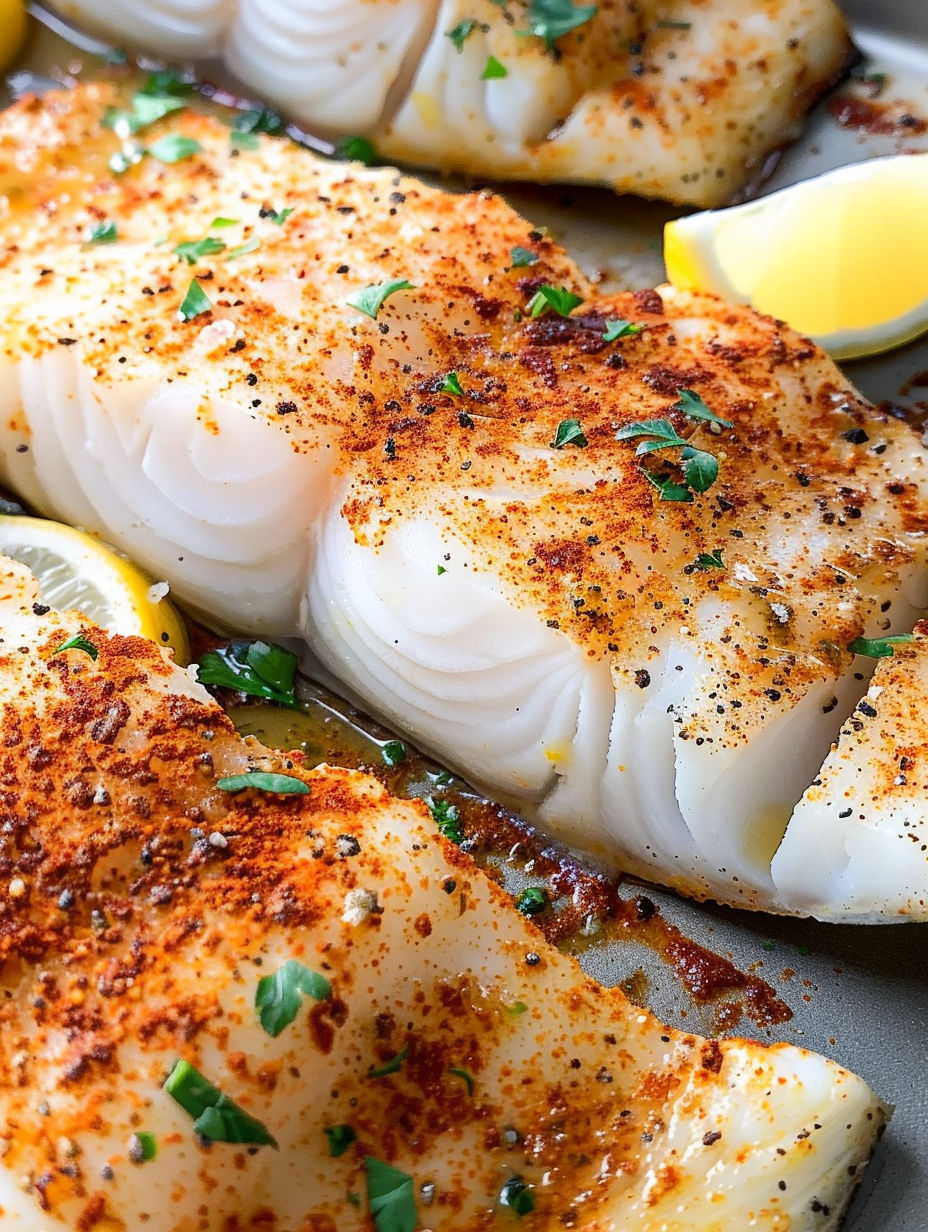 A plate of fish with lemon wedges on it.