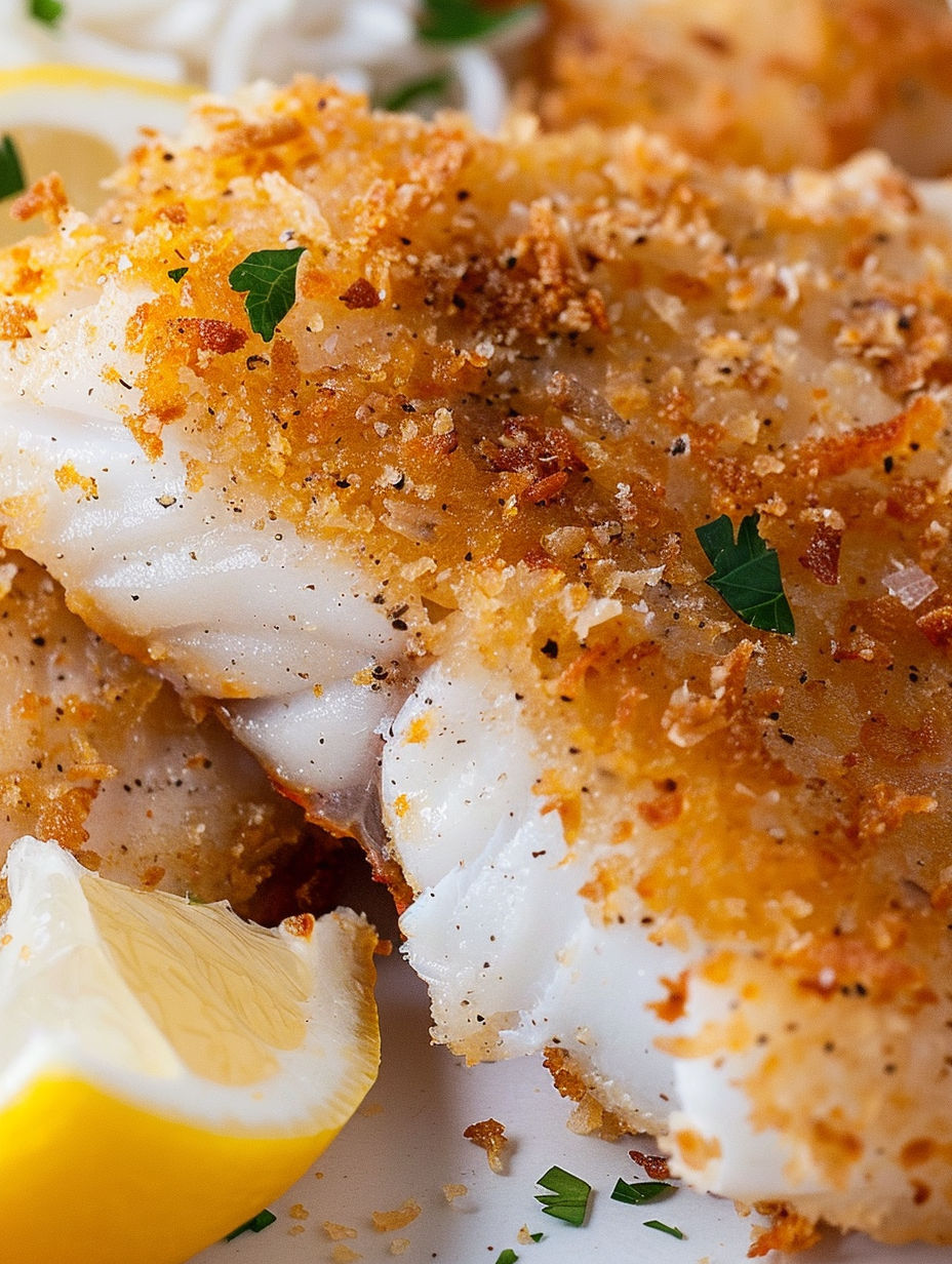 A piece of fried fish with lemon wedges on top.