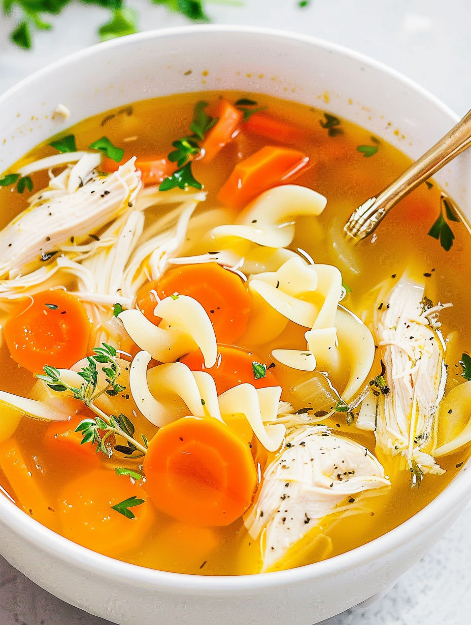 A bowl of soup with chicken, carrots, and noodles.