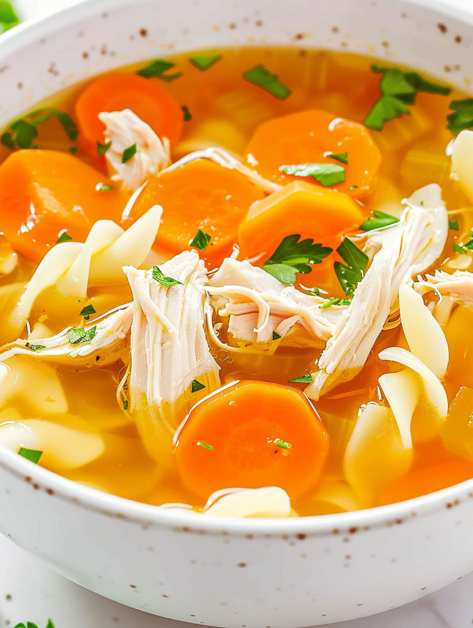 A bowl of soup with chicken and carrots.