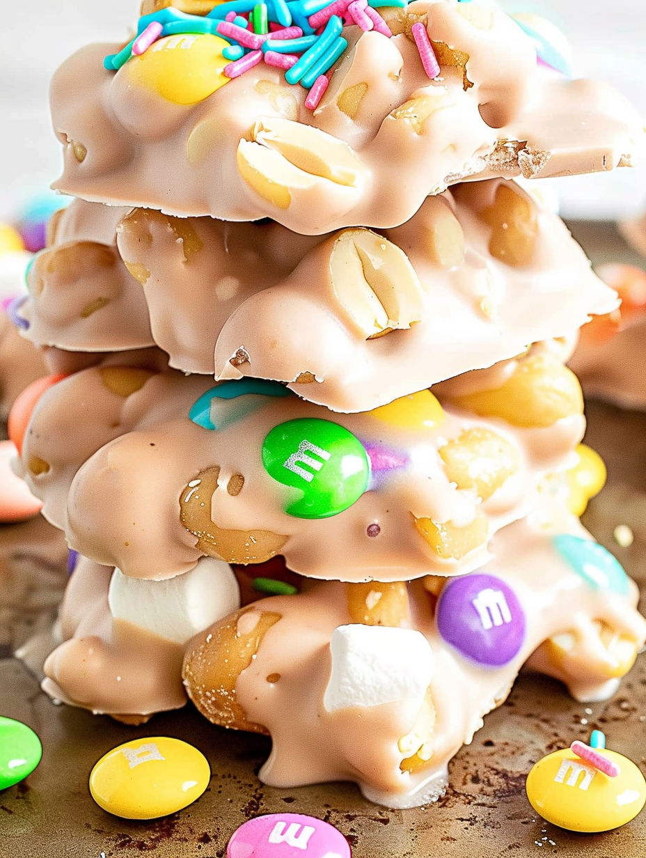 A stack of candy bars with M&M's and marshmallows.