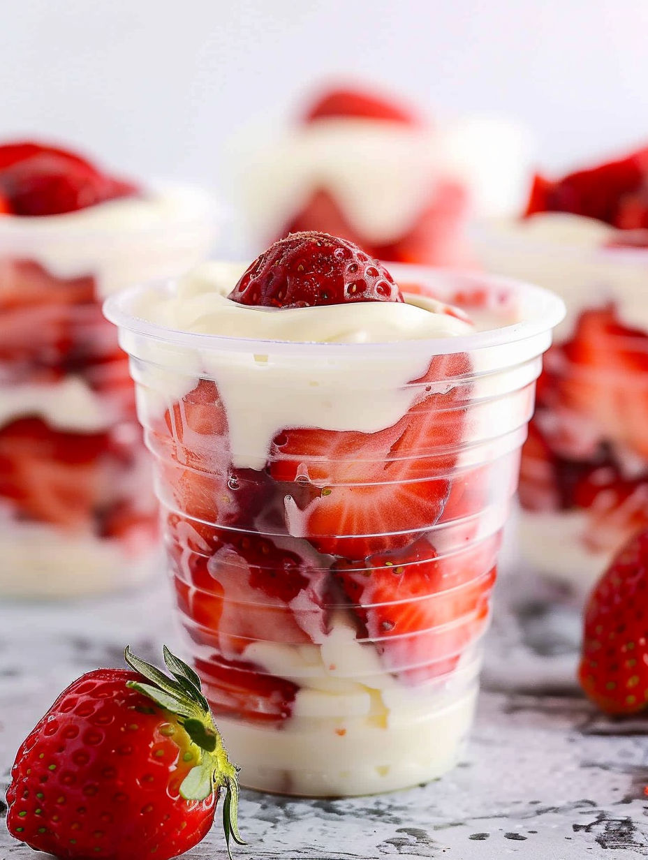 A white bowl filled with strawberries and whipped cream.