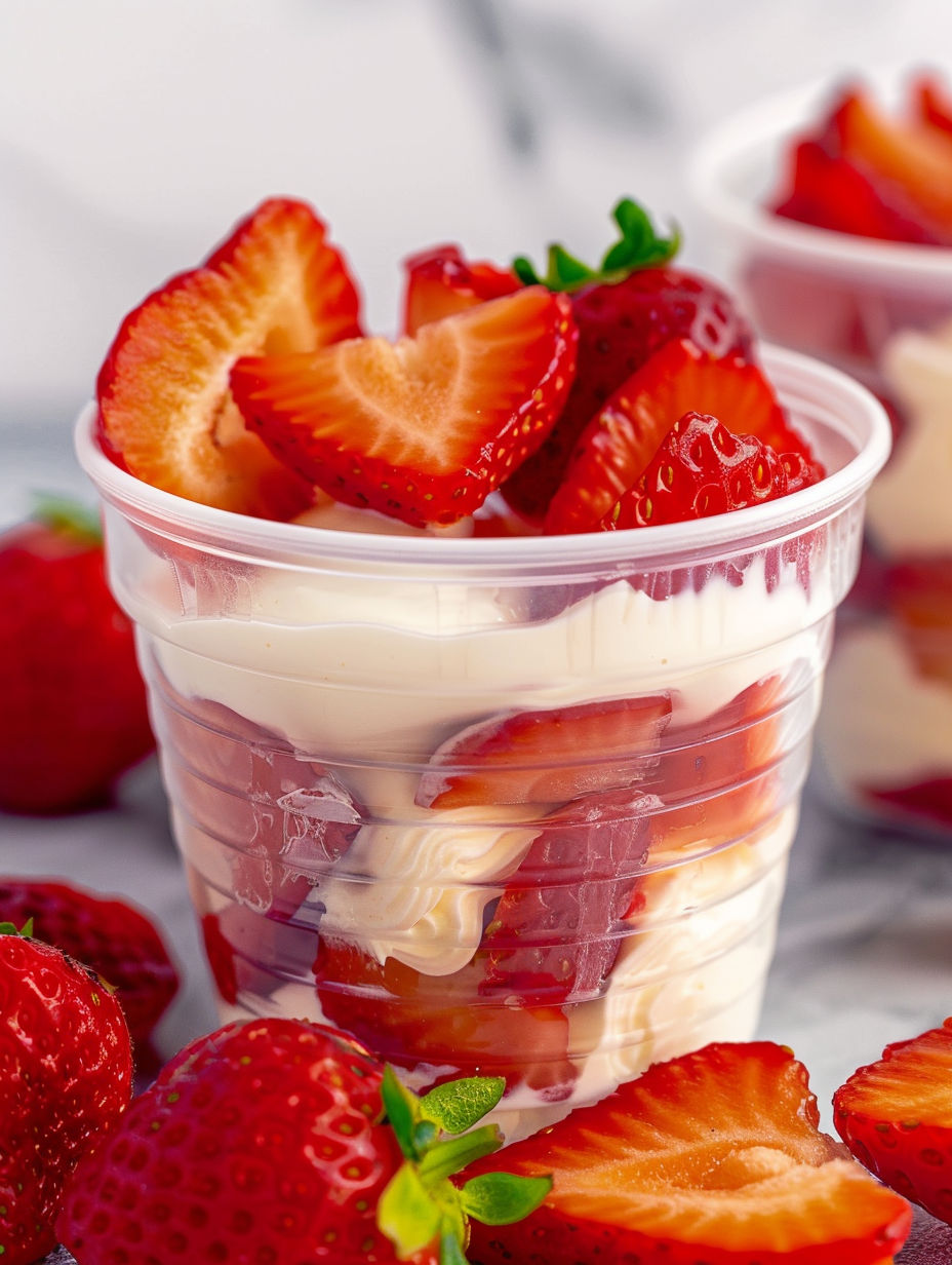 A plastic cup filled with strawberries and whipped cream.