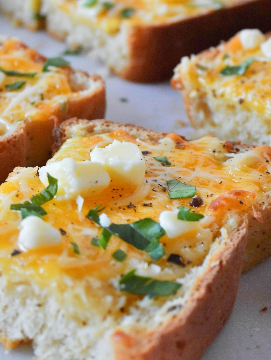 A slice of garlic toast with cheese and herbs.