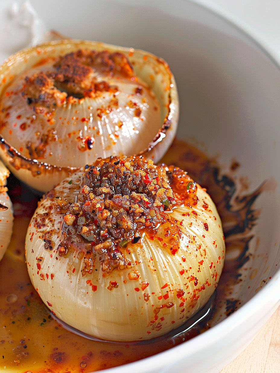 Onions in a bowl with sauce.