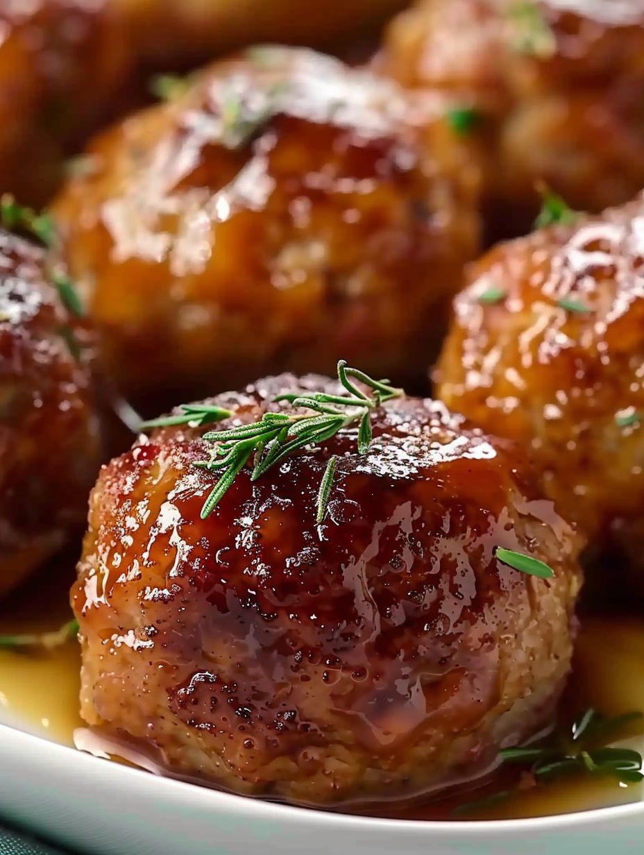 A plate of baked ham balls with a sauce.