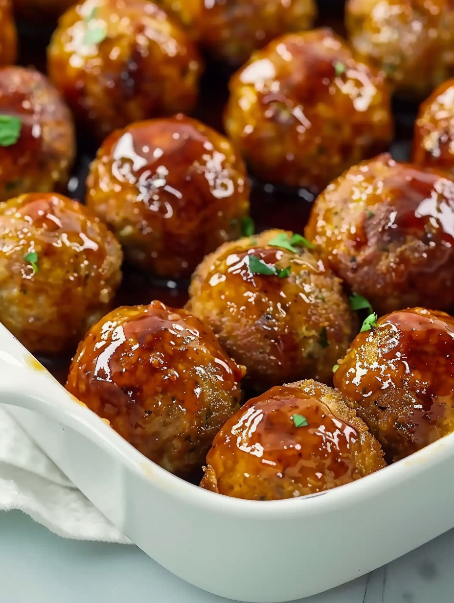 A plate of ham balls with a brown sauce.