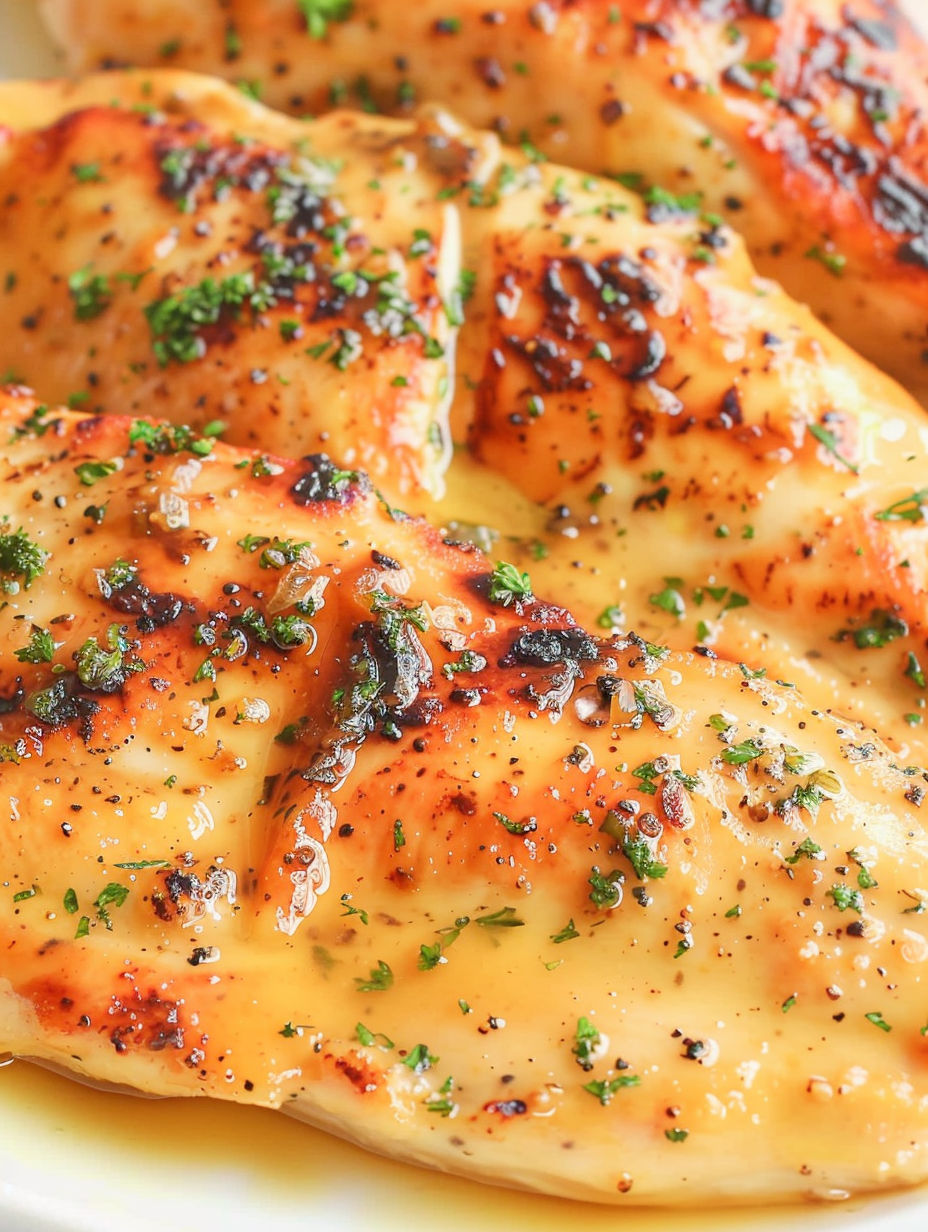A close up of a piece of oven baked honey mustard chicken.