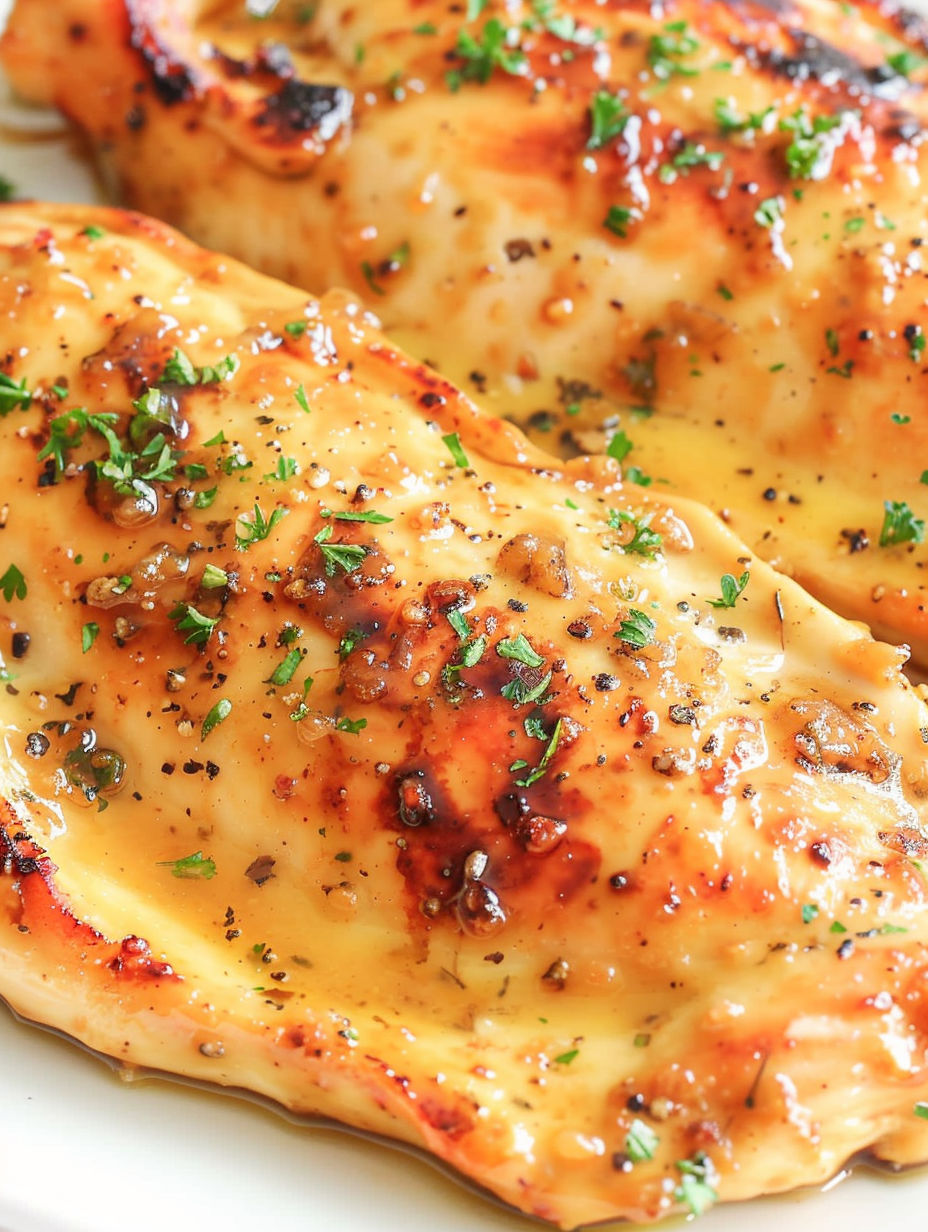 A close up of a piece of chicken with honey mustard sauce.