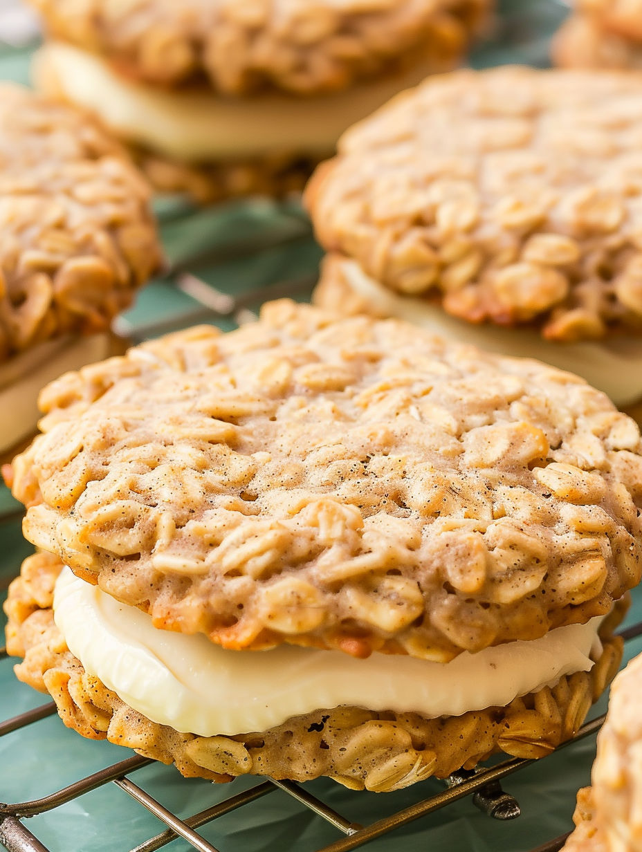 Banana oatmeal cream pies on a cooling rack.