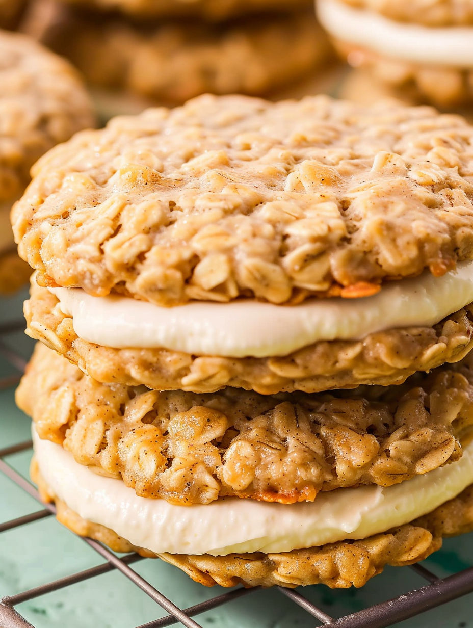Banana oatmeal cream pies stacked on a cooling rack.