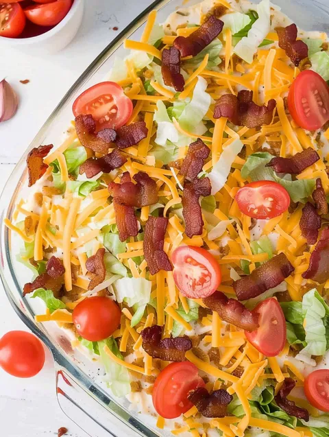A BLT dip with cheese and tomatoes.