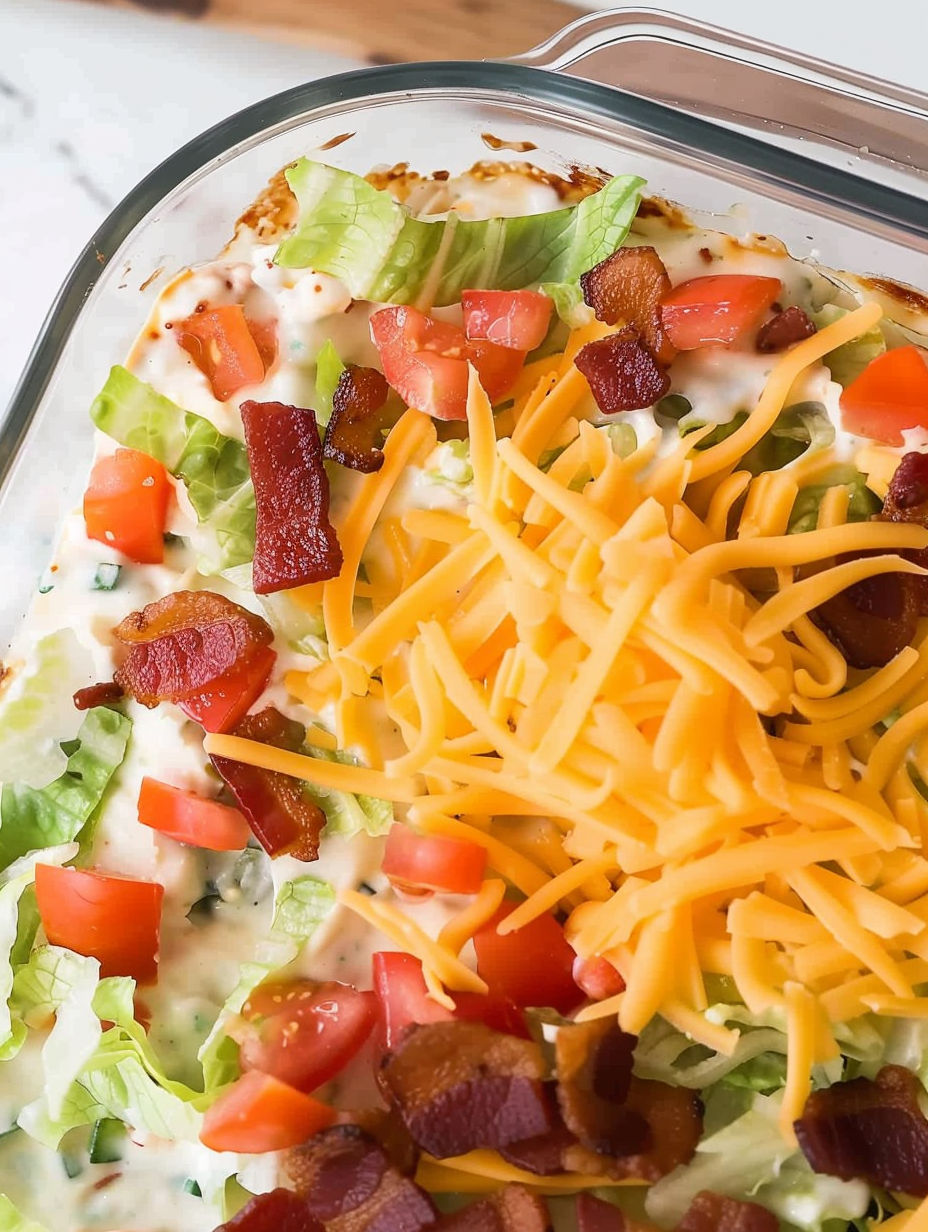 A BLT dip with cheese and tomatoes.