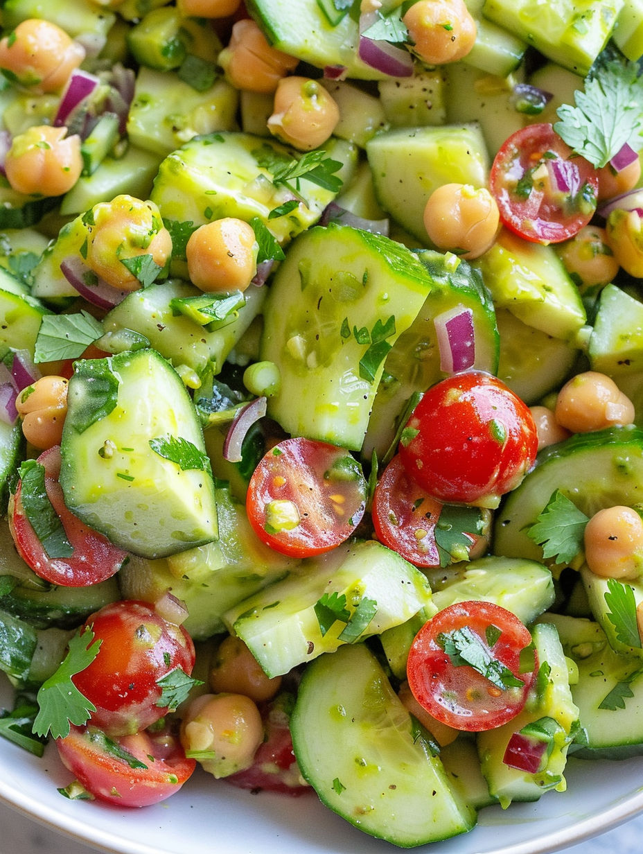 A salad with cucumber, tomatoes, and avocado.