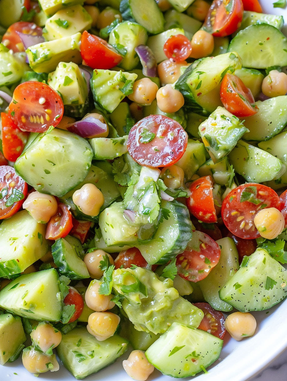 A close up of a salad with tomatoes, cucumbers, and chickpeas.
