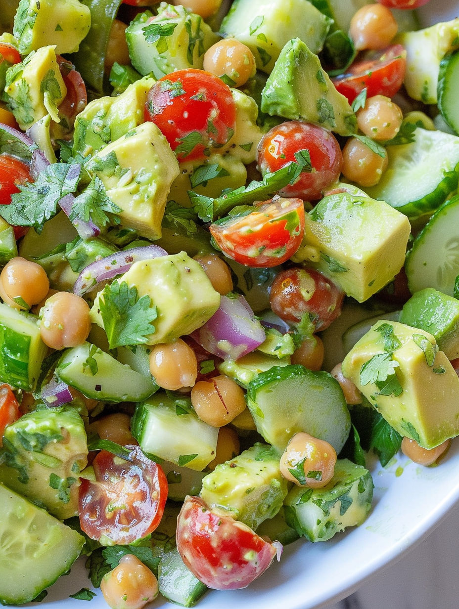 A bowl of vegetables including tomatoes, cucumbers, and avocado.