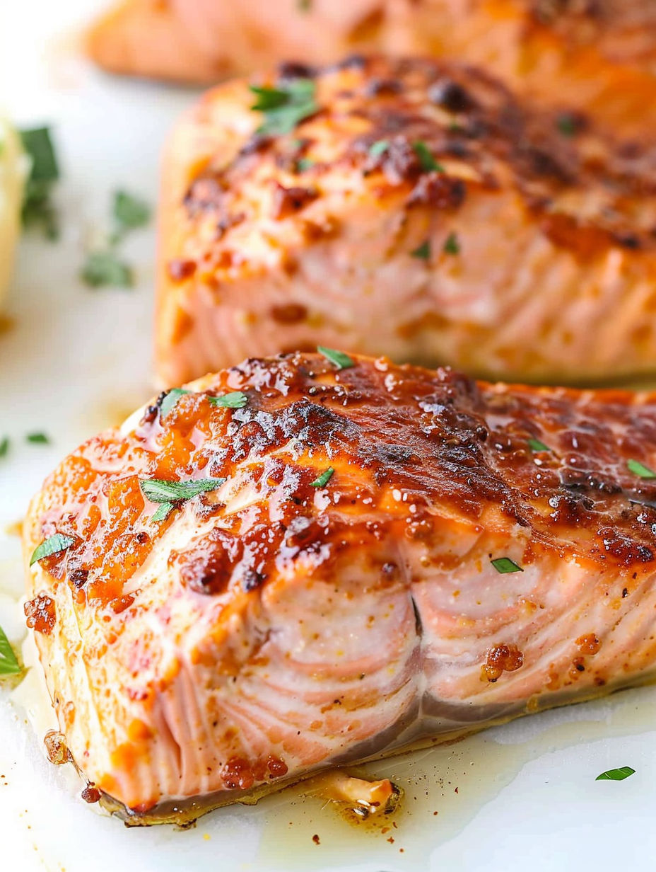 Two pieces of salmon cooked in an air fryer.