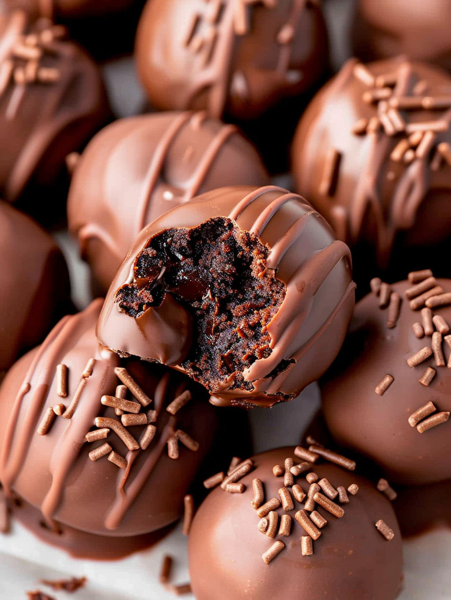 A chocolate ball with a bite taken out of it.