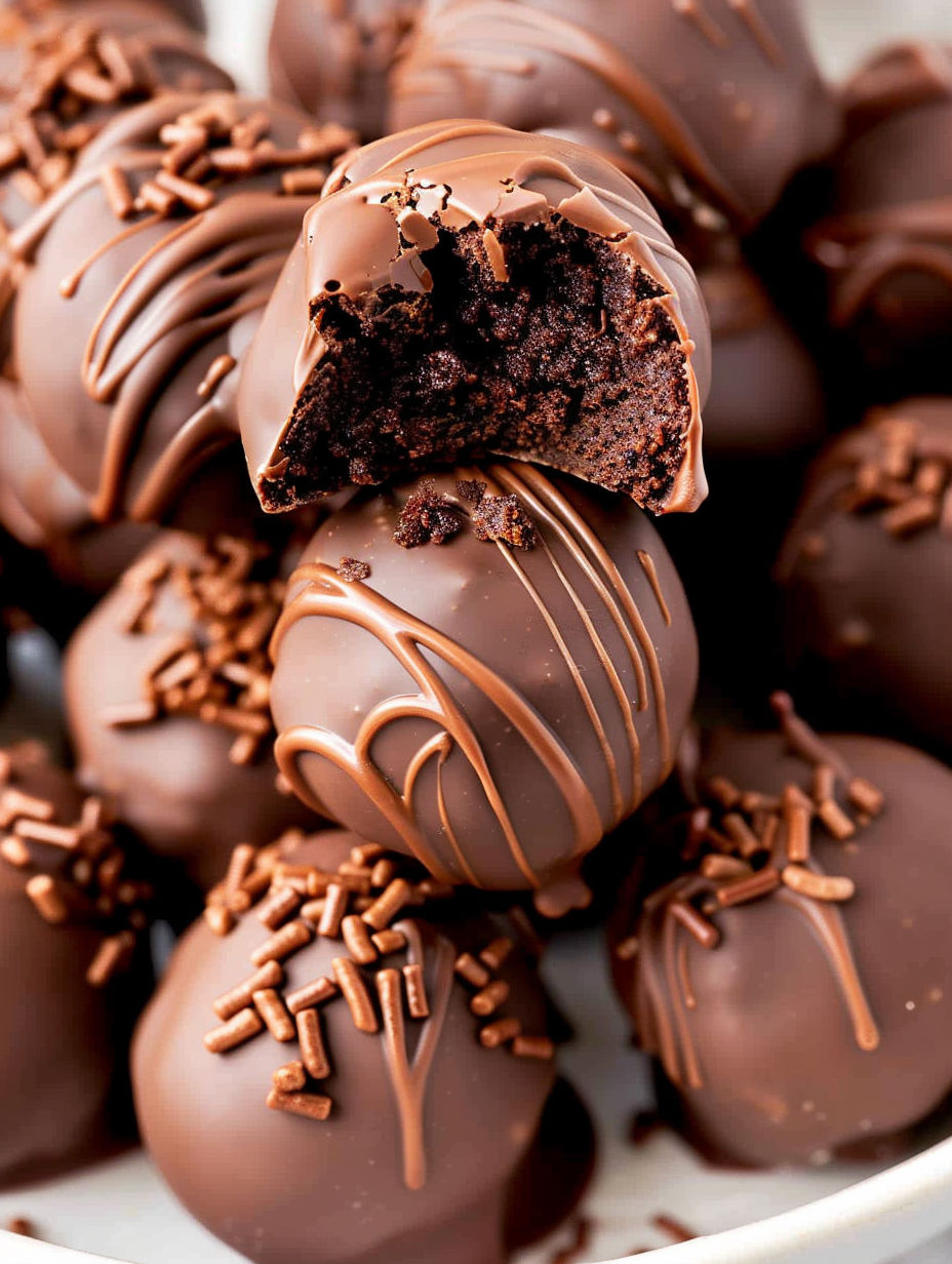A chocolate covered brownie ball with a bite taken out of it.