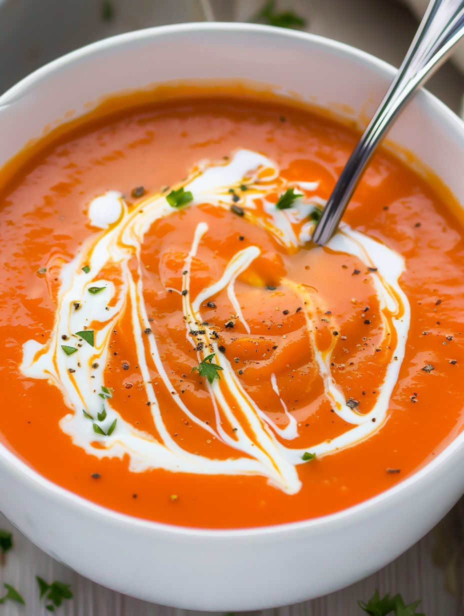 A bowl of soup with a spoon in it.
