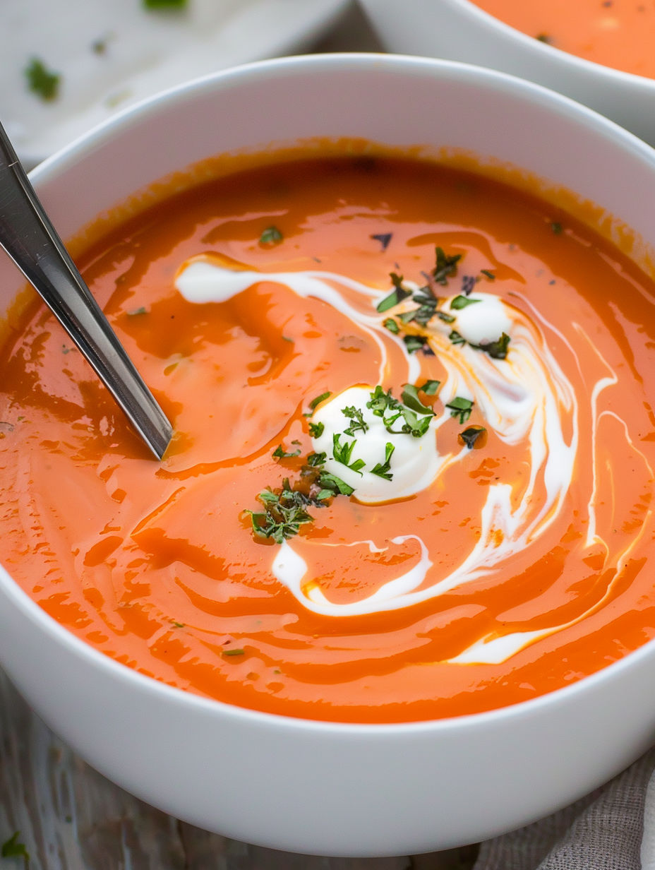 A bowl of soup with a spoon in it.