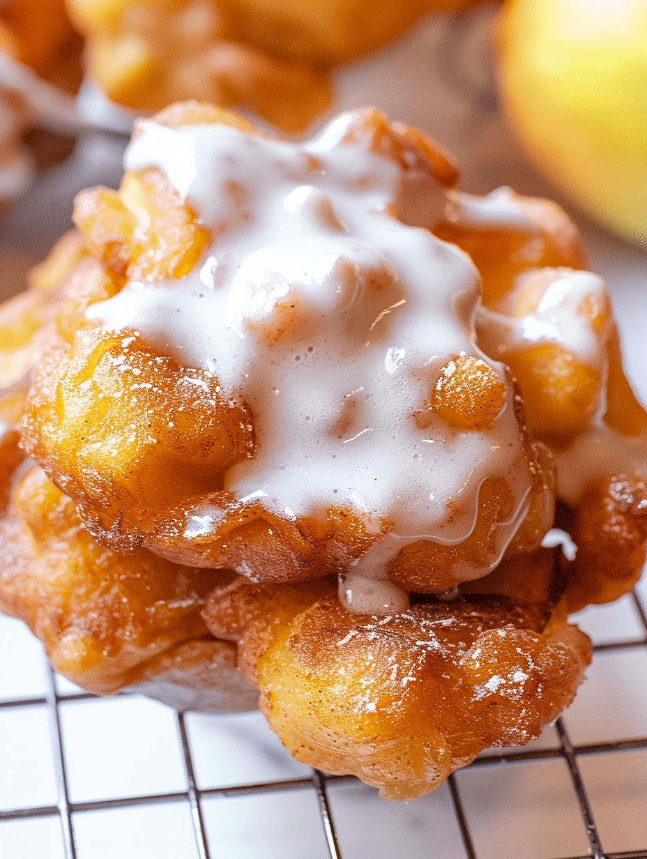 A stack of fritters with white icing on top.