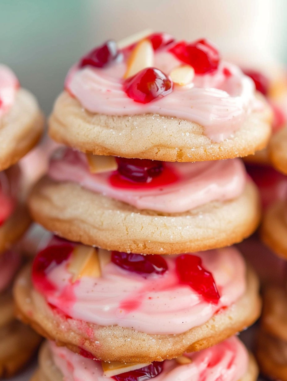 A stack of sugar cookies with cherries and almonds on top.