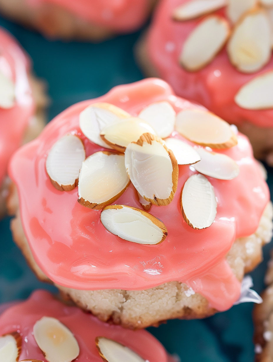 A close up of a cherry almond amish sugar cookie.